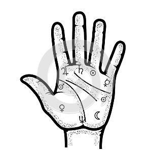 Palmistry map on open palm, fortune telling by hand and the lines of fate, prediction and divination