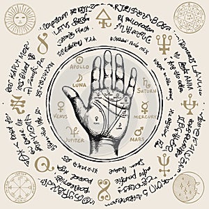 Palmistry map on open palm with old magic symbols