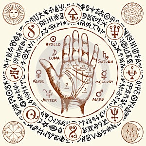Palmistry map on open palm with old magic symbols
