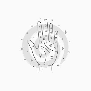 Palmistry vector. Witch and magic symbol, monochrome palmistry illustration, isolated on white background