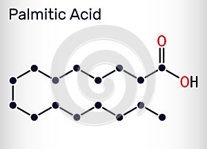 Palmitic acid or hexadecanoic, C16H32O2 molecule. It is saturated fatty acid. Structural chemical formula