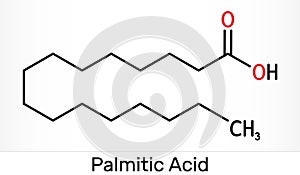 Palmitic acid or hexadecanoic, C16H32O2 molecule. It is saturated fatty acid. Skeletal chemical formula