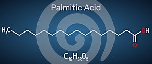 Palmitic acid or hexadecanoic, C16H32O2 molecule. It is saturated fatty acid. Structural chemical formula on the dark blue