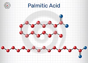 Palmitic acid or hexadecanoic, C16H32O2 molecule. It is saturated fatty acid. Structural chemical formula and molecule model.