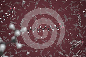 Palmitic acid molecule made with balls, conceptual molecular model. Chemical 3d rendering