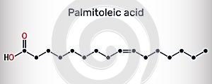 Palmitoleic acid, palmitoleate molecule. It is an omega-7 monounsaturated fatty acid. Skeletal chemical formula photo