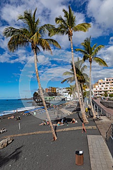 Palms  at beach with black lava sand at Puerto Naos in La Palma Island, Canary Island, Spain