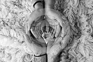 The palms of the father and mother are holding the foot of the newborn baby