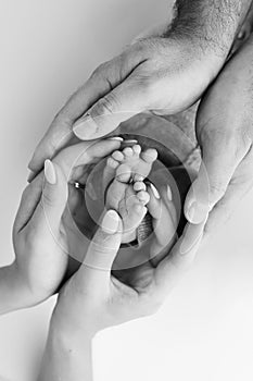 The palms of the father, the mother are holding the foot of the newborn baby on white background.