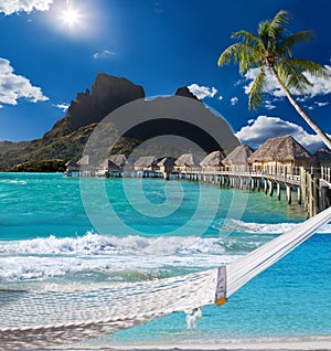 Palms , hammock and ocean. Bora-Bora. Polynesia