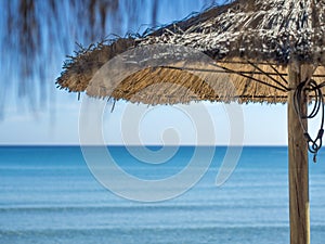 palms leafs straw parasol on the beach