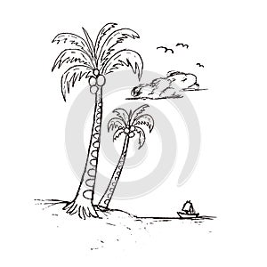 Palms on ocean beach, hand drawn sketch landscape