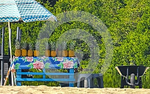 Palms parasols sun loungers beach waves Puerto Escondido Mexico