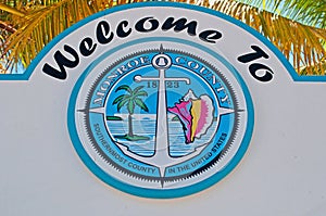Palms, signboard, welcome to Monroe County, Key West, Keys, Cayo Hueso, island, Florida