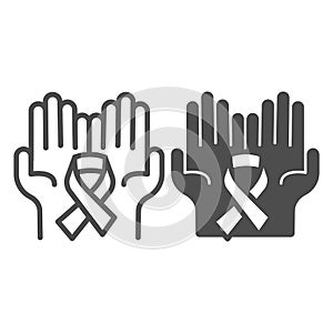 Palms and tape line and solid icon, World cancer day concept, Cancer Awareness sign on white background, cancer ribbon