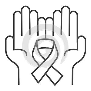 Palms and tape thin line icon, World cancer day concept, Cancer Awareness sign on white background, cancer ribbon on