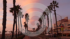 Palms and twilight sky in California USA. Tropical ocean beach sunset atmosphere. Los Angeles vibes
