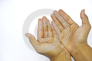 Palms up or praying hand, pray to God. Hand gesture for symbol in religion.