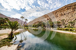 Palms in Wadi Bani Khalid with lake near Bidiyya in Oman photo