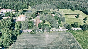 Palmse manor air museum, aerial view on a sunny summer day, Estonia