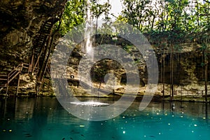 Palmtrees against blue sky with flags in a rowCenote Ek Balam