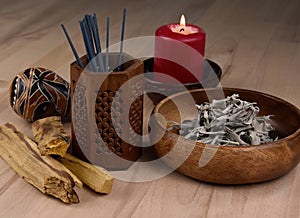 Palo santo, sage, incense sticks ritual fumigants stock images