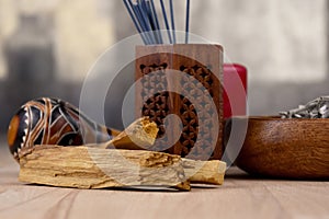 Palo santo, sage, incense sticks ritual fumigants stock images