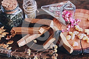 Palo Santo sticks from Bursera graveolens & x28;holy wood& x29; tree on wiccan witch altar