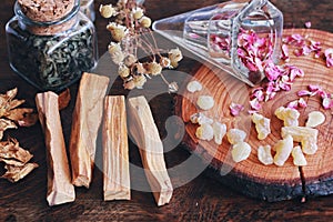 Palo Santo sticks from Bursera graveolens holy wood tree on wiccan witch altar photo