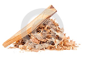 Palo santo wood stick and wooden chips isolated on white background. Bursera Graveolens - holy wood