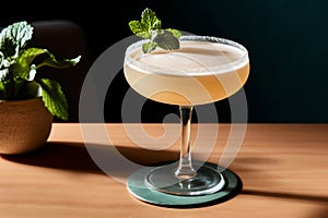 Paloma cocktail in a coupe glass with mint leaf, generative AI