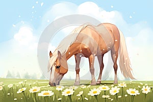 palomino horse peacefully eating in a field with daisies