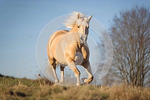 palomino horse running toward camera on a sunny day, clear skies