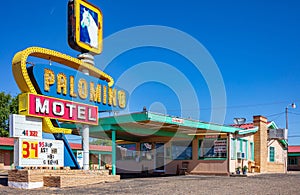 The Palomino Motel is a historic, traditional ground floor building. Tucumcari, New Mexico, US
