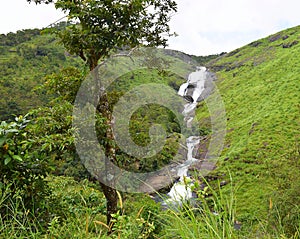Palozhukum Para Waterfalls with Green Hills - Vagamon Falls, Idukki, Kerala, India