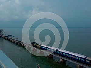 Pamban Bridge passing train