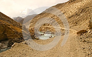 Pamir Highway Wakhan Corridor View with Panj River Valley, Gorno-Badakshan, the Pamir mountain region photo