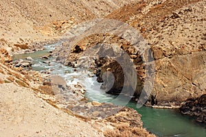 Pamir Highway Wakhan Corridor View with Panj River Valley, Gorno-Badakshan, the Pamir mountain region photo