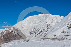 Pamir mountains cold snow ice glacier wall near Lenin peak