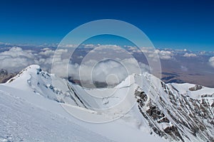 Pamir mountains cold snow ice glacier wall near Lenin peak