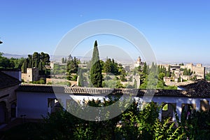 Pamoramic view of Granada City from Generalife garden Alhambra Palace. Spain.