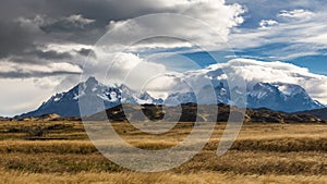 Pampa in front of the mountain range of Torres del Paine