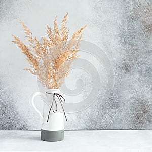 Pampas grass in ceramic vase against wall. Still life bouquet of dried flowers on stone background with copy space