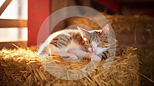 Pampered Cat Sleeping in Cozy Red Barn