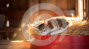 Pampered Cat Sleeping in Cozy Red Barn