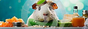 pampered guinea pig receiving a spa treatment with cucumber slices on its eyes, humorously promoting pet grooming