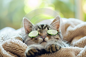 A Pampered Kitten At A Spa, Blissfully Relaxed With Cucumber Eye Patches