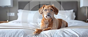 Pampered Pooch Relishes Serene Bedroom Oasis. Concept Pet Photography, Luxury Lifestyle, Serene Home Settings, Dog Portraits, Cozy