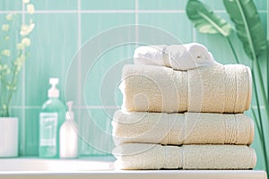 Pampering perfection Luxurious stack of fresh towels for ultimate comfort