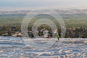 Pamukkale, Denizli, Turkey - August 26 2021: Panoramic view of Pamukkale town